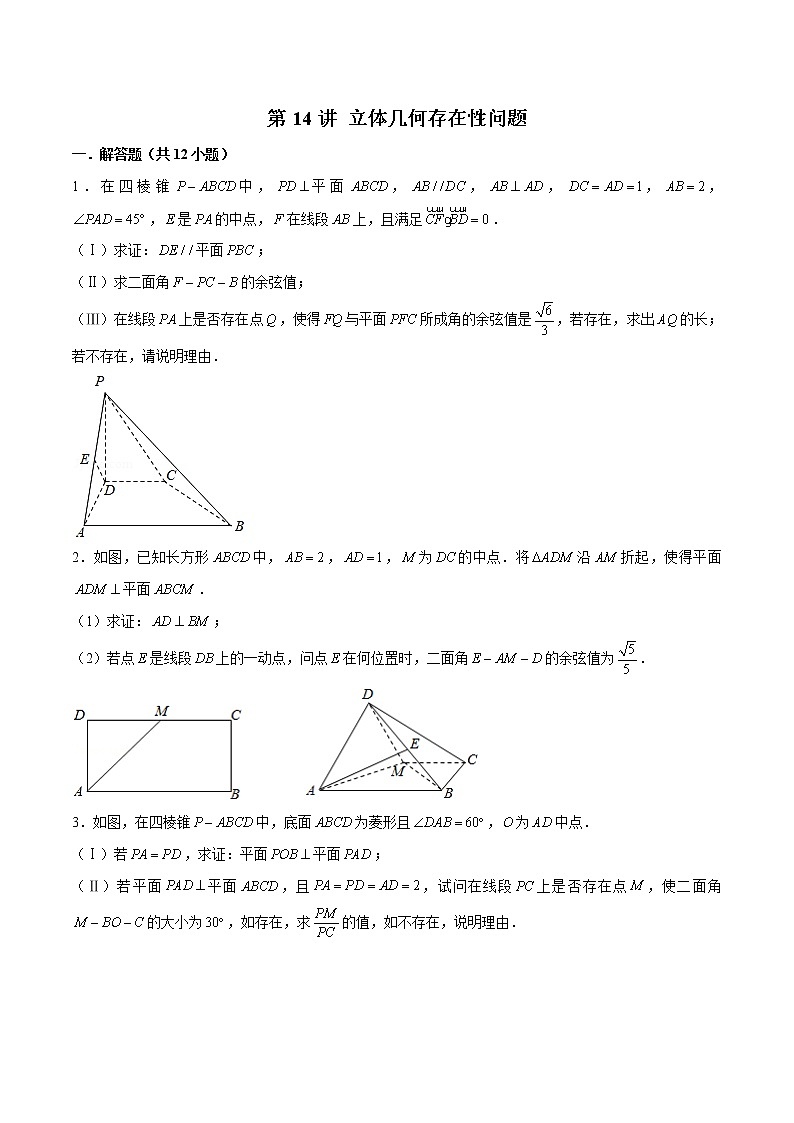 新高考数学二轮专题《立体几何》第14讲 立体几何存在性问题(原卷版)第1页