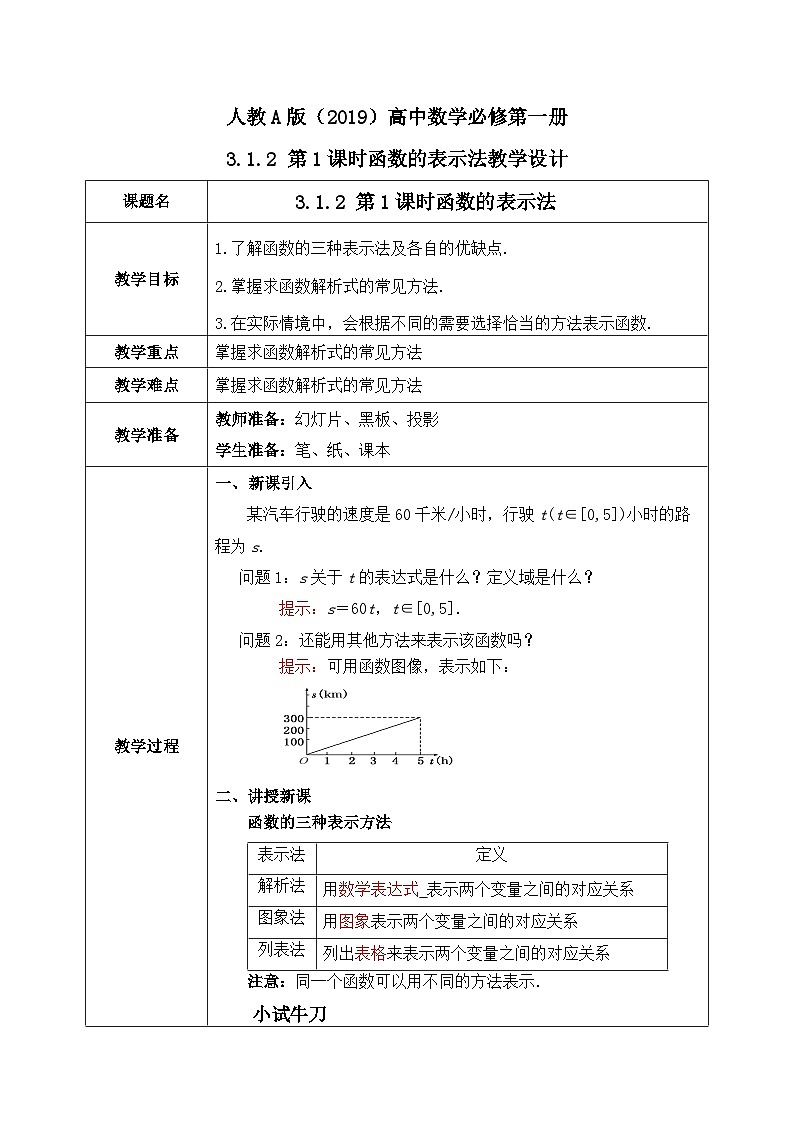 必修第一册高一上数学第三章3.1.2《第1课时函数的表示法》课件+教案01