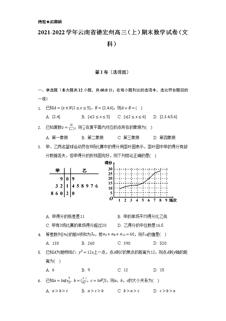 2021-2022学年云南省德宏州高三(上)期末数学试卷(文科)(Word解析版)第1页