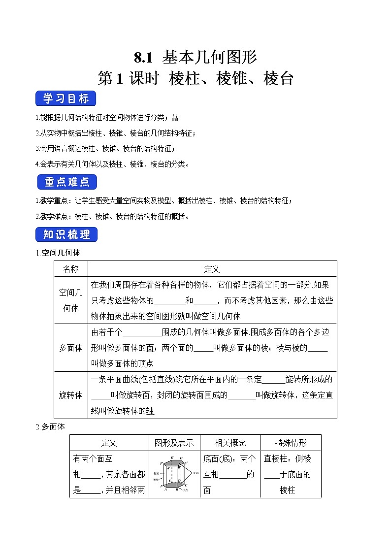 高中数学必修二 8.1 基本几何图形(第1课时)棱柱、棱锥、棱台 导学案第1页