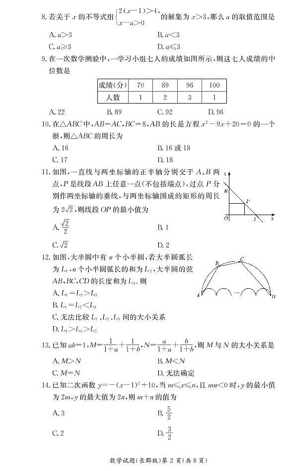 数学试卷(长郡高一入学)第2页