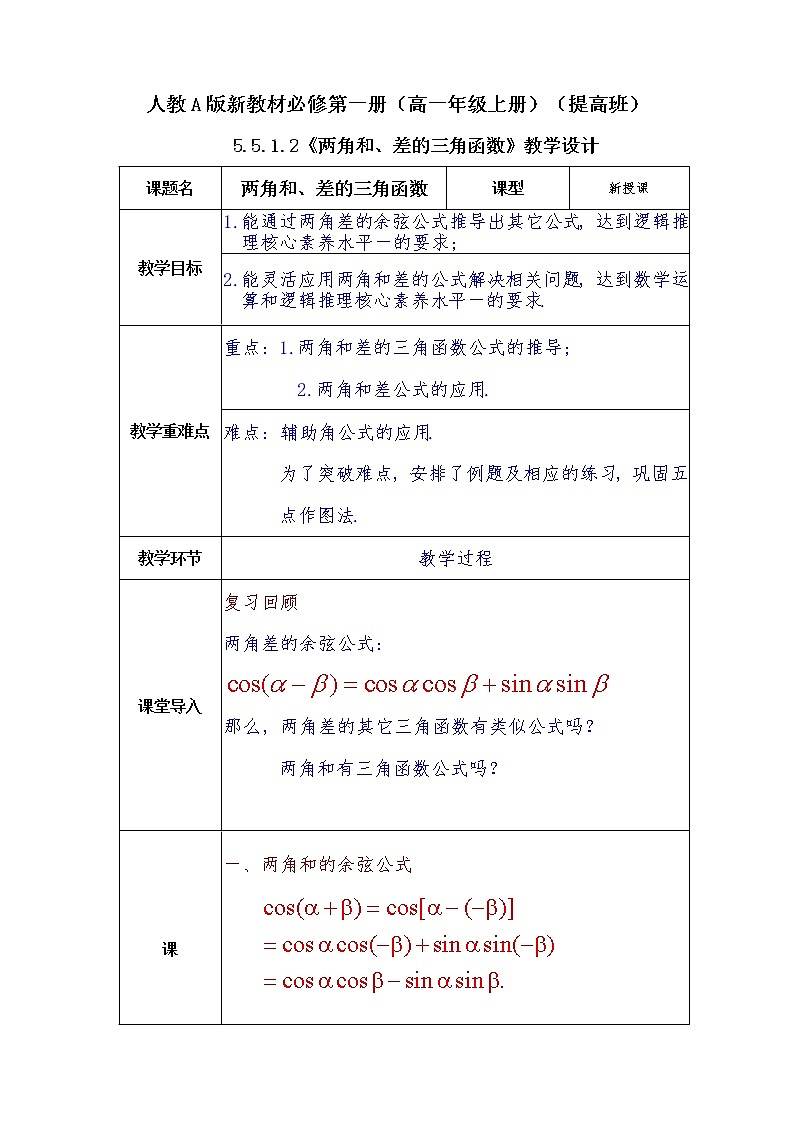 第5章+5.1.2两角和与差的正弦、余弦、正切公式提高班课件+教案01