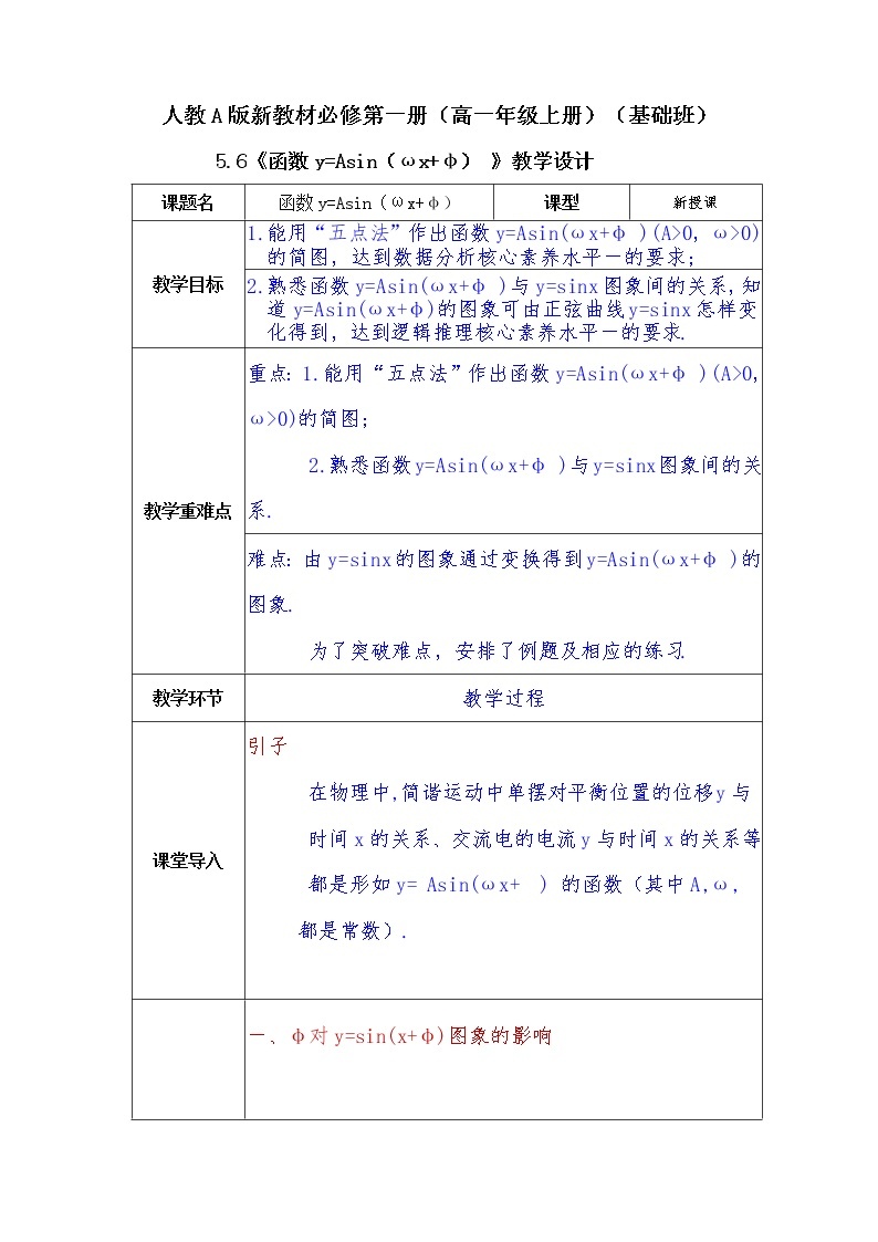 第5章+6函数y=Asin（ωx+φ）基础班课件+教案01