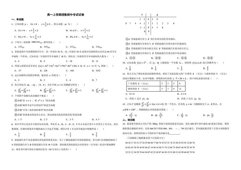广西玉林市2022年高一上学期理数期中考试试卷及答案01