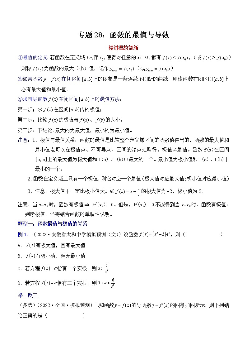 专题28:函数的最值与导数-2023届高考数学一轮复习精讲精练(新高考专用)(原卷版)第1页