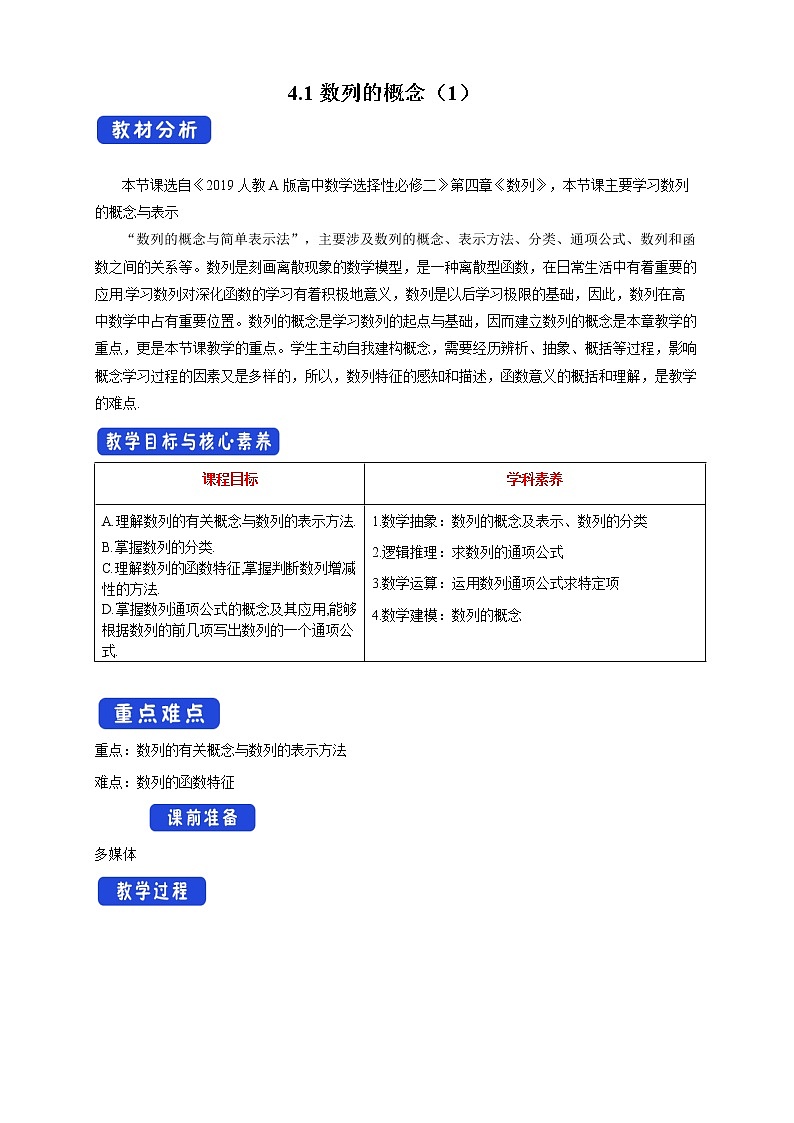 【新教材精創(chuàng)】4.1數(shù)列的概念（1）教學設計- (人教A版 高二 選擇性必修第二冊)第1頁
