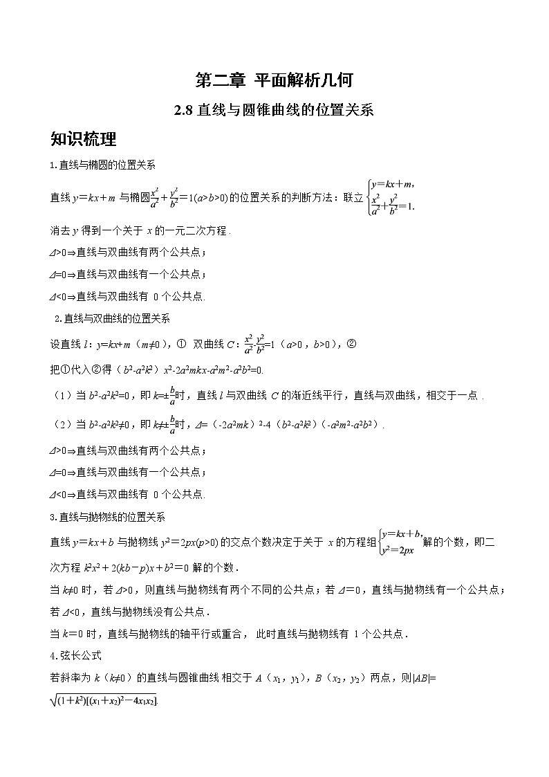 2.8直线与圆锥曲线的位置关系-2022-2023学年高二数学上学期同步知识梳理+考点精讲精练(人教B版2019选择性必修第一册)01