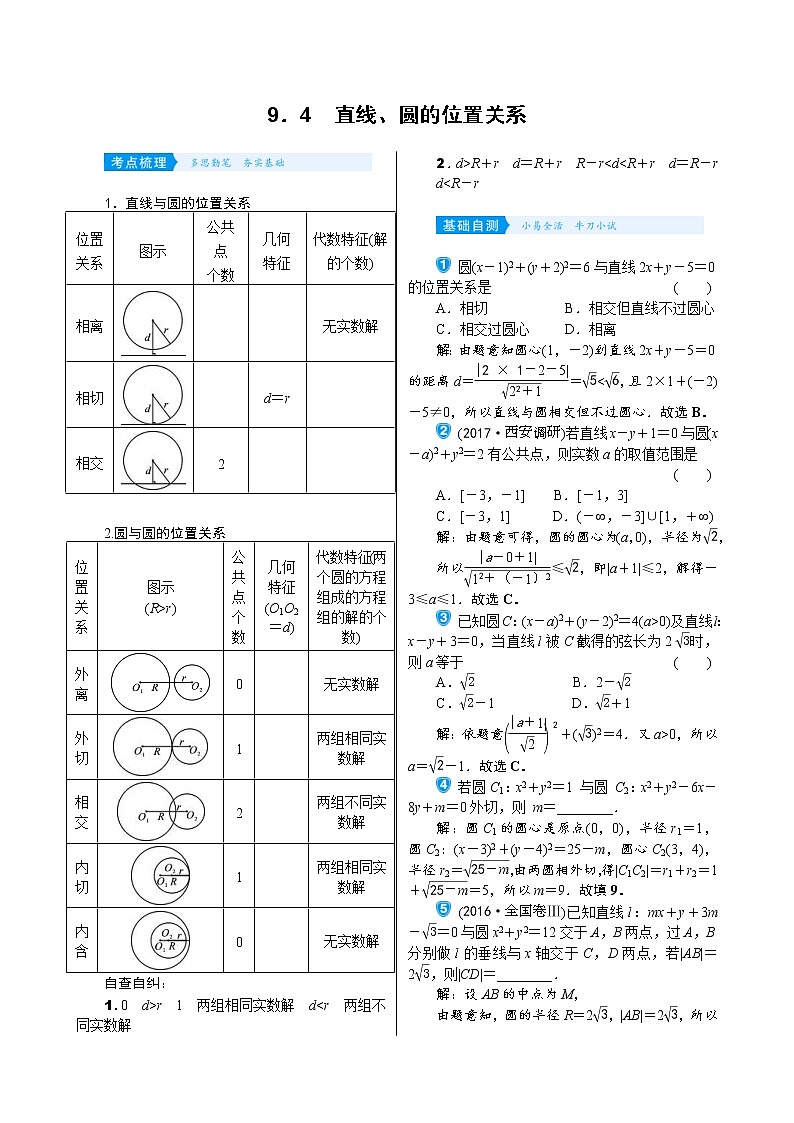 高考数学(理数)一轮复习学案9.4《直线、圆的位置关系》(含详解)第1页