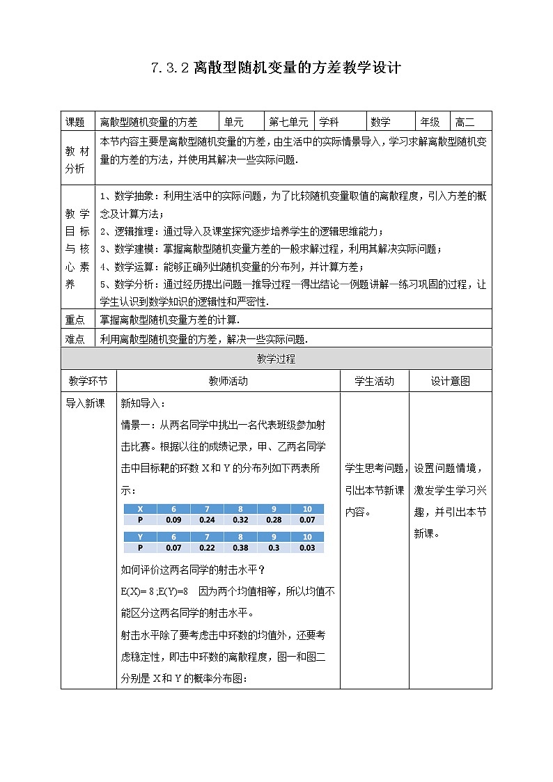 高中数学选择性必修三 7.3.2 离散型随机变量的方差教案01
