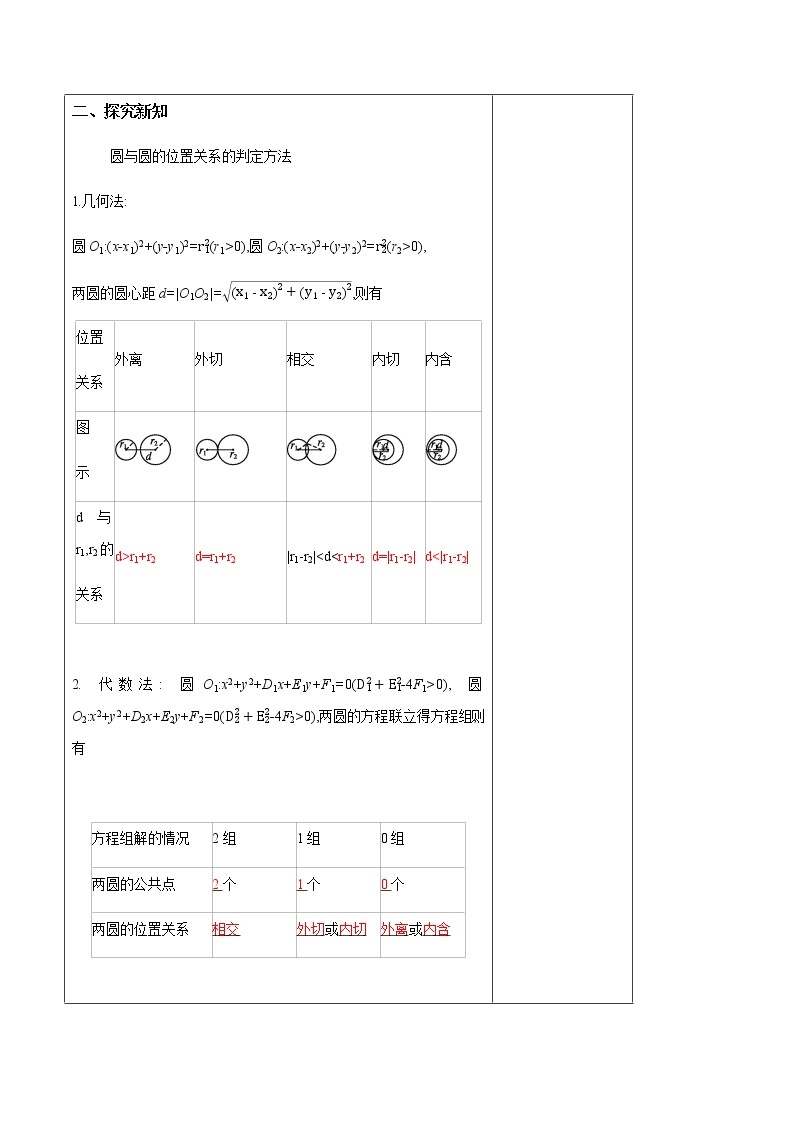 高中数学选择性必修一  2.5.2 圆与圆的位置关系 教学设计03