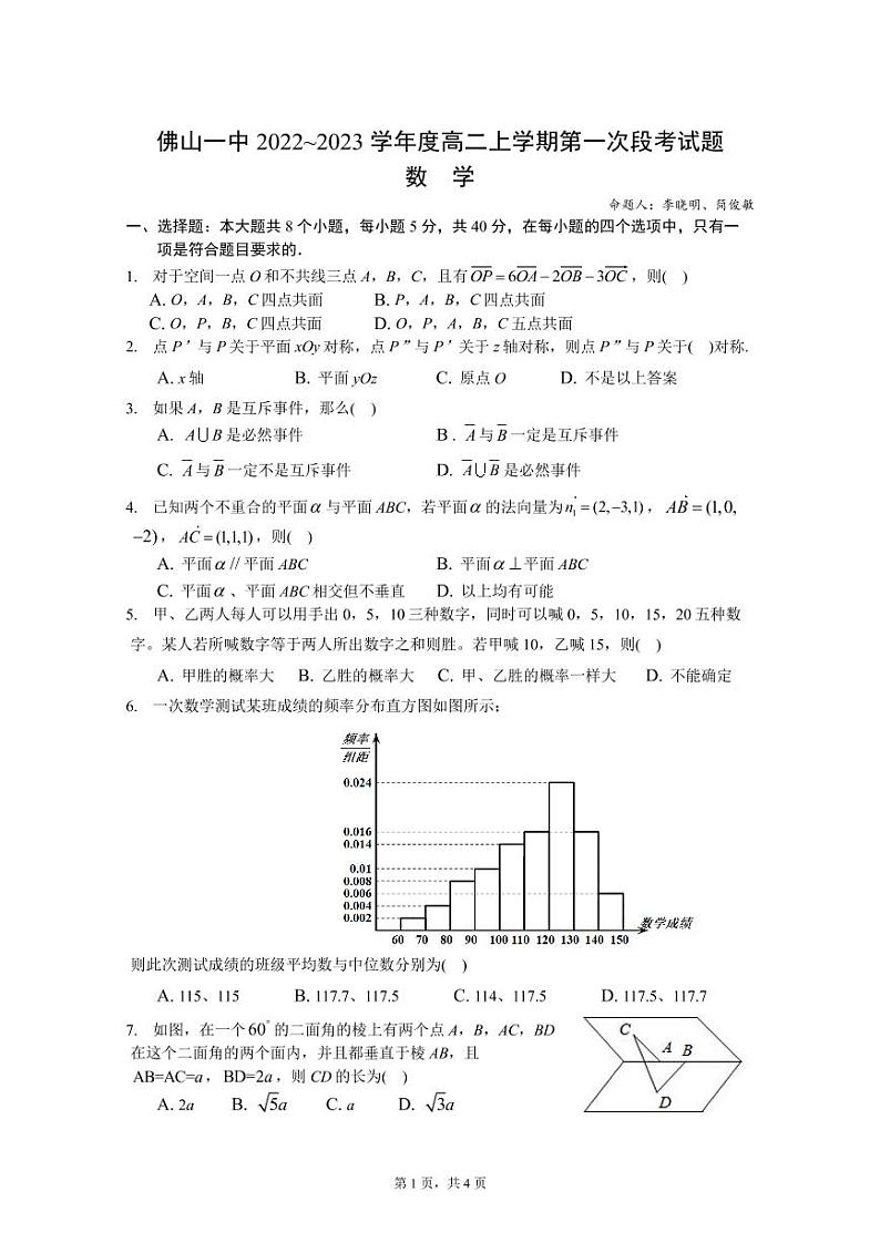 2023佛山一中高二上学期第一次段考试题(10月)数学含答案01