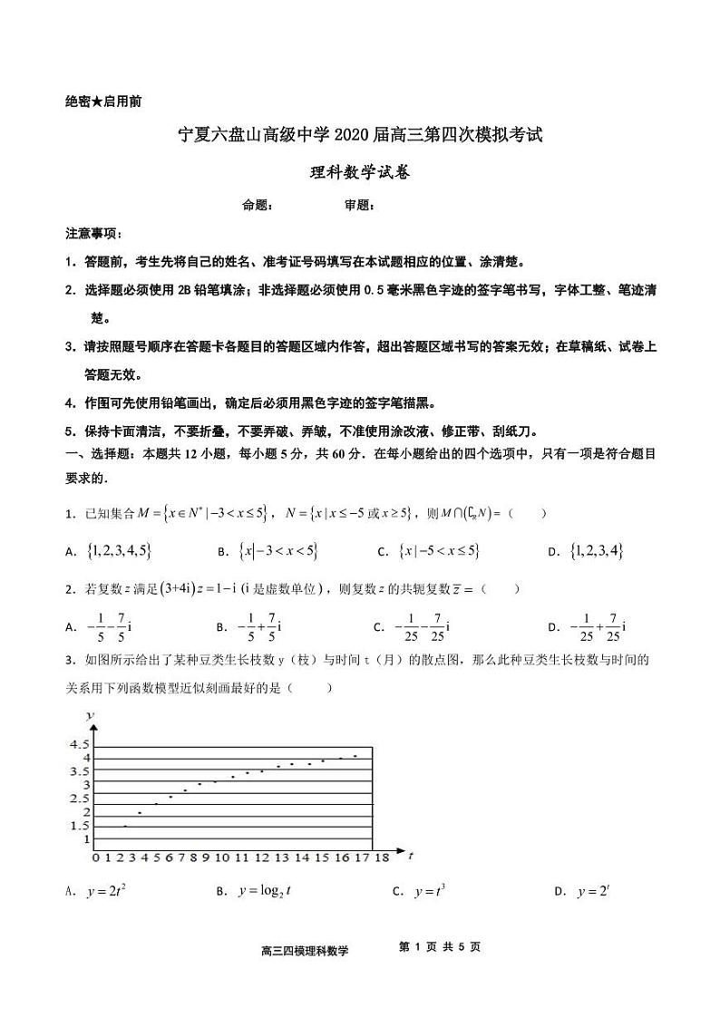 宁夏六盘山高级中学2020届高三第四次模拟考试试卷 第1页
