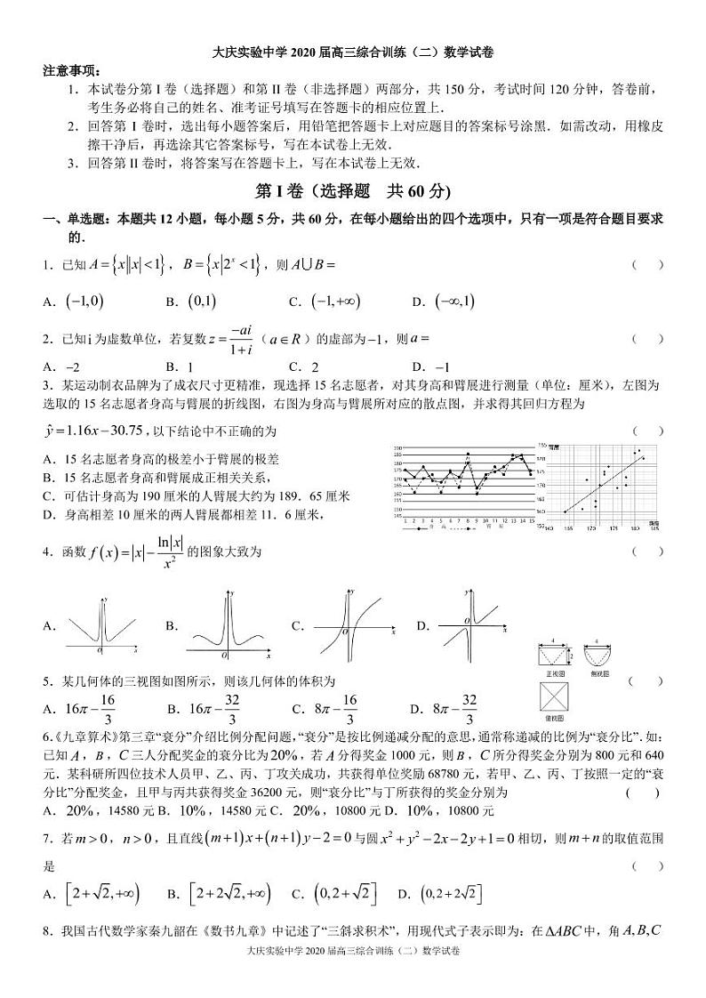 黑龙江省大庆实验中学2020届高三综合训练(二)数学(理)答案第1页