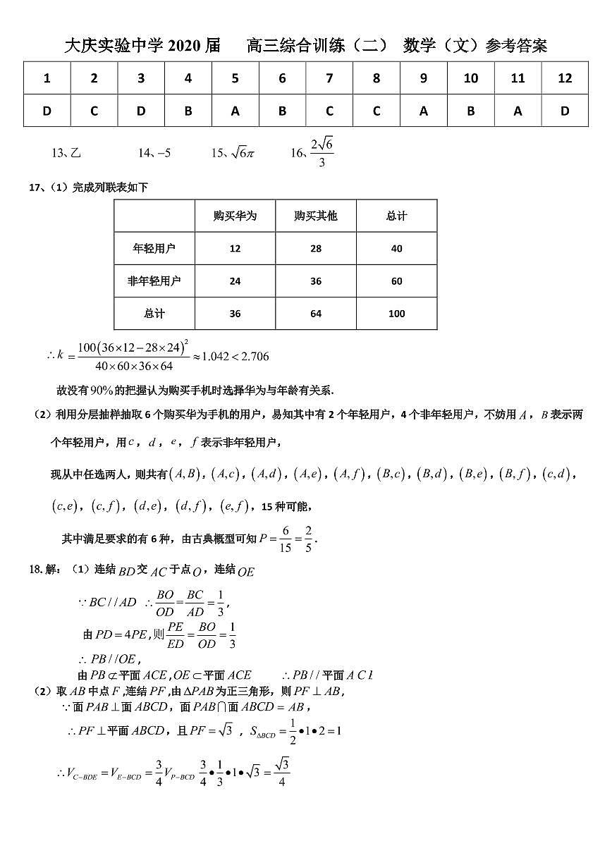 黑龍江省大慶實(shí)驗(yàn)中學(xué)2020屆高三綜合訓(xùn)練（二）數(shù)學(xué)（文）答案第1頁