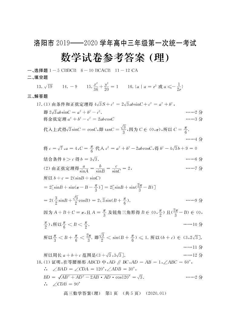 2020洛阳高三上学期第一次统一考试(1月)数学(理)含答案byfeng01
