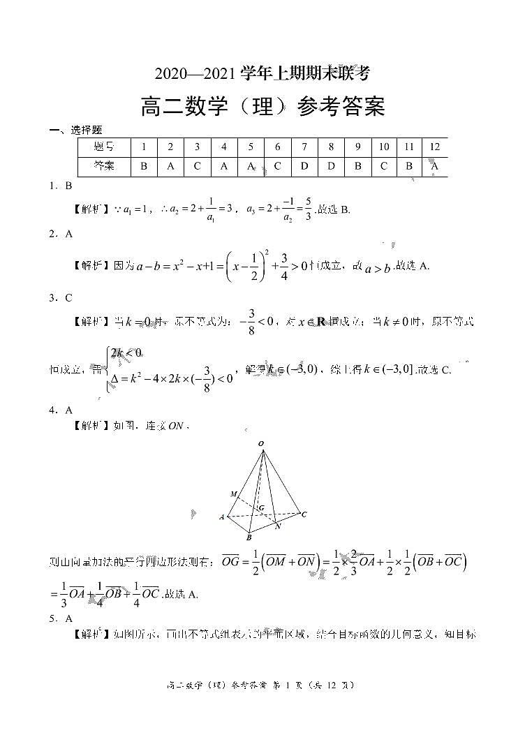2021河南省豫南九校高二上学期期末联考数学(理)试题PDF版含答案01