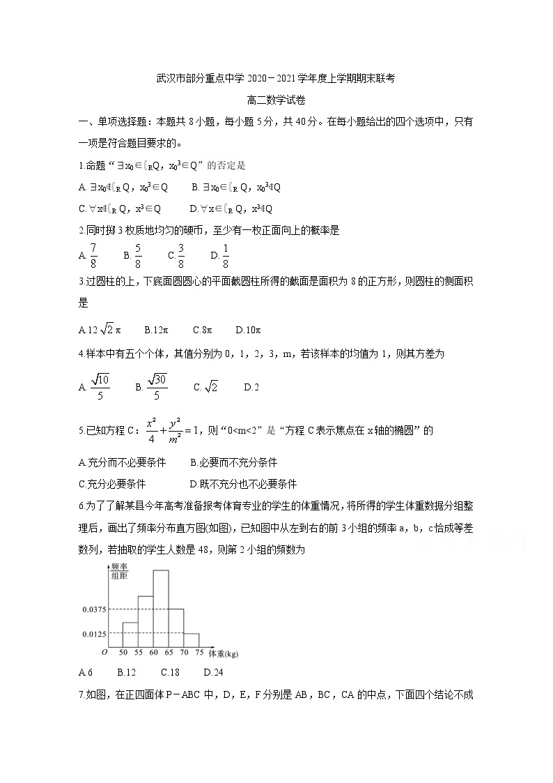 2021武汉部分重点中学高二上学期期末联考数学含答案 试卷01