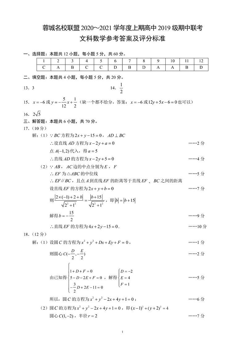 2020~2021学年度上期高中2019级期中联考文科数学参考答案及评分标准第1页
