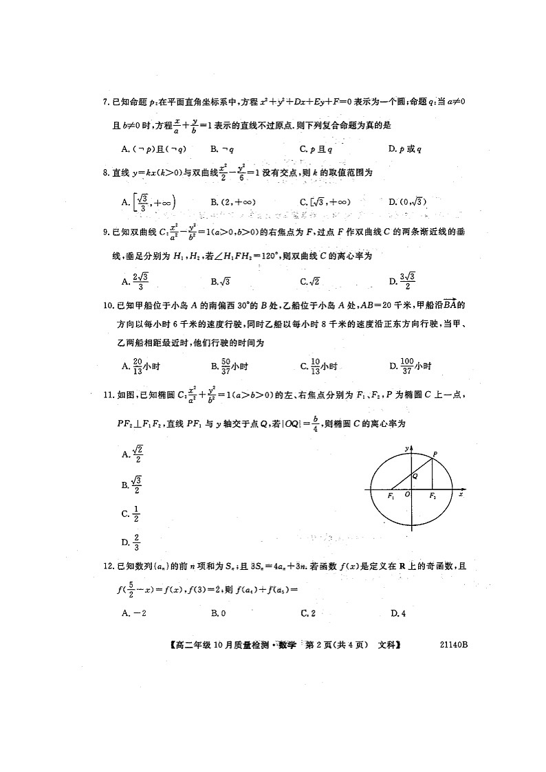 河南省豫北名校2020-2021学年高二上学期10月质量检测数学(文)试题(图片版)第2页