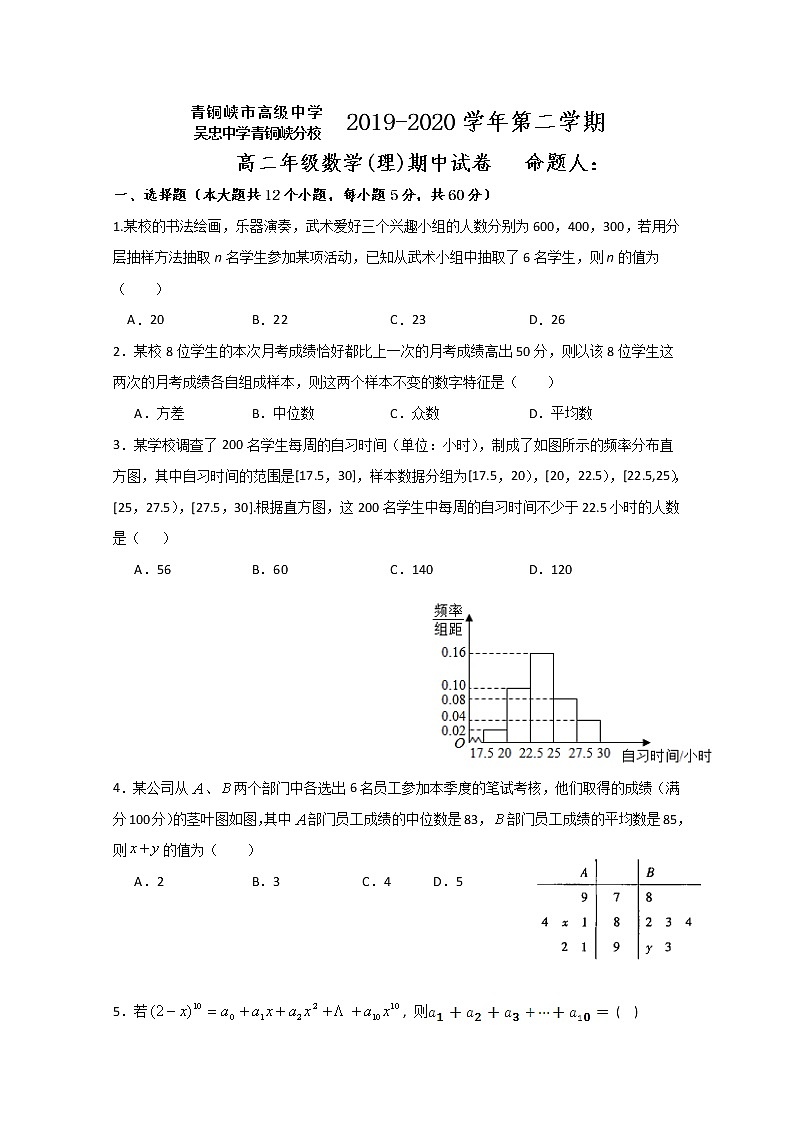 2020青铜峡高级中学(吴忠中学青铜峡分校)高二下学期期中考试数学(理)试题含答案第1页