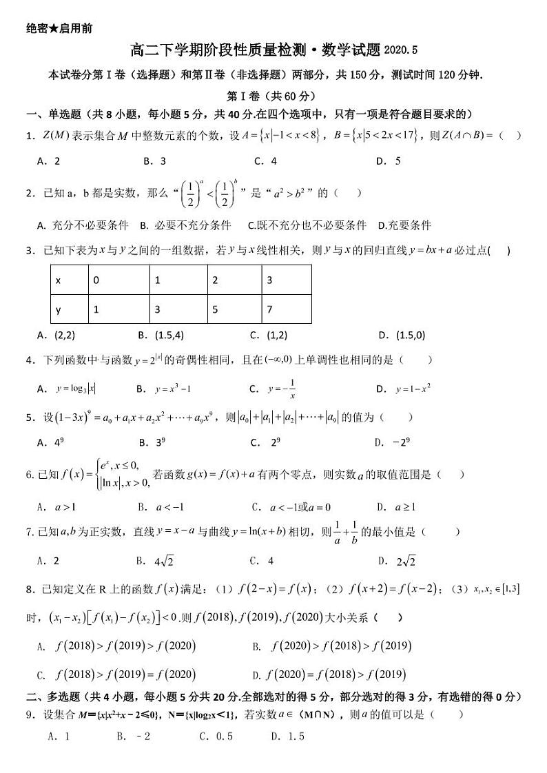 2020淄博淄川中学高二下学期期中考试数学试题PDF版含答案01