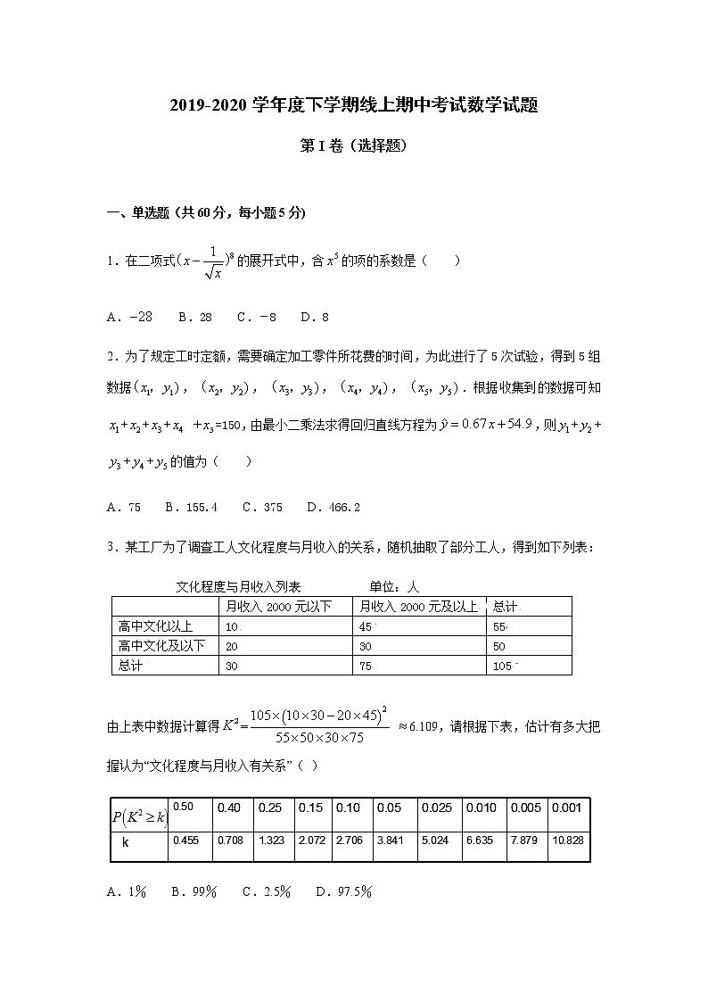 2020平邑县一中高二下学期期中考试数学试题含答案01