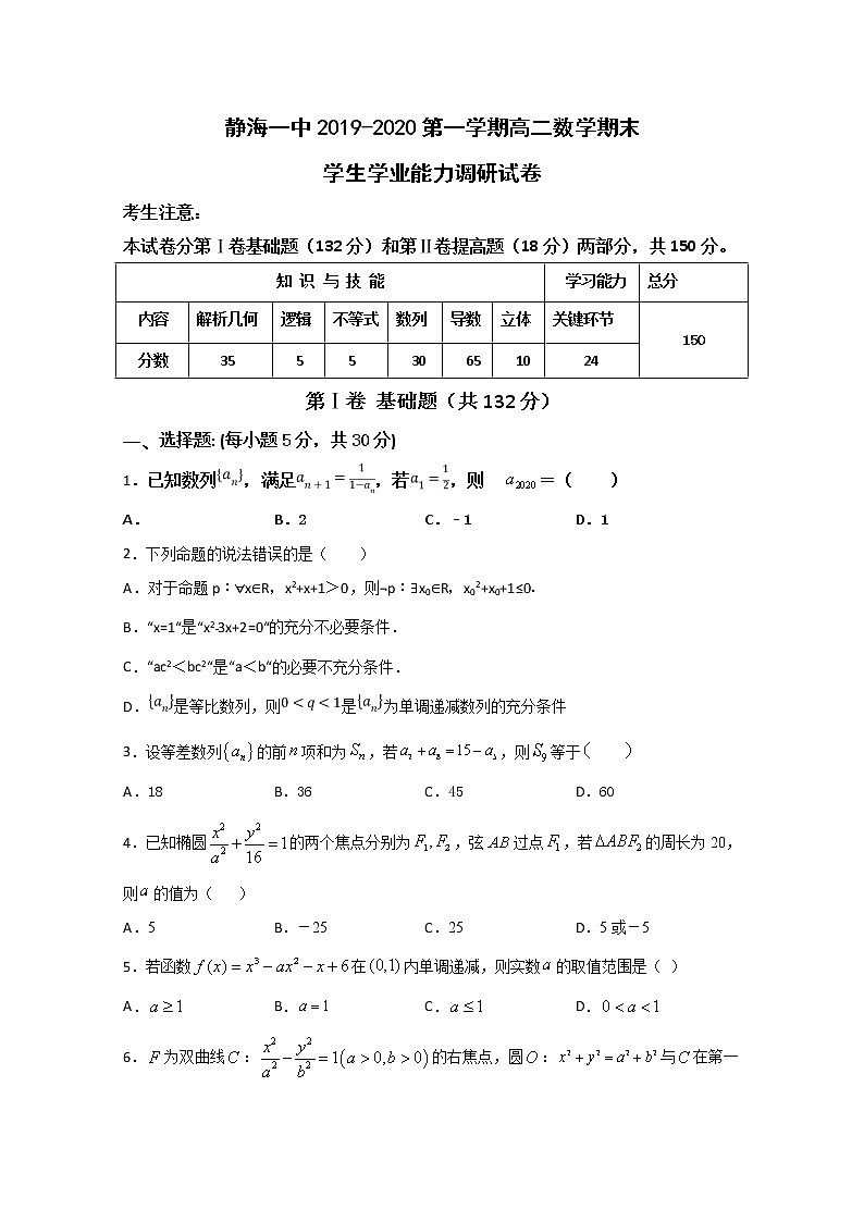 2020天津静海区一中高二上学期期末学生学业能力调研数学试题含解析第1页