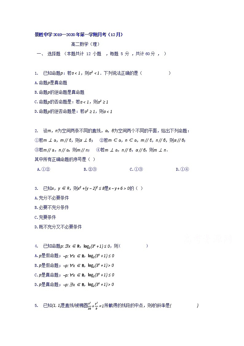 2020运城景胜中学高二12月月考数学(理)试题含答案第1页