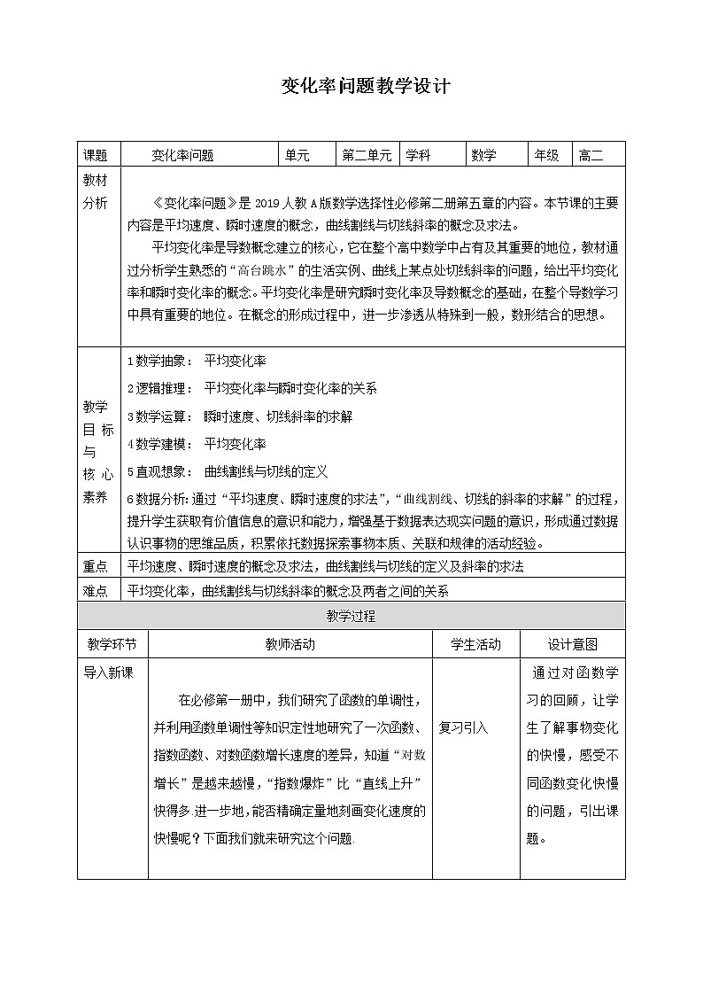 高中數(shù)學選擇性必修二 5.1.1變化率問題 教案第1頁
