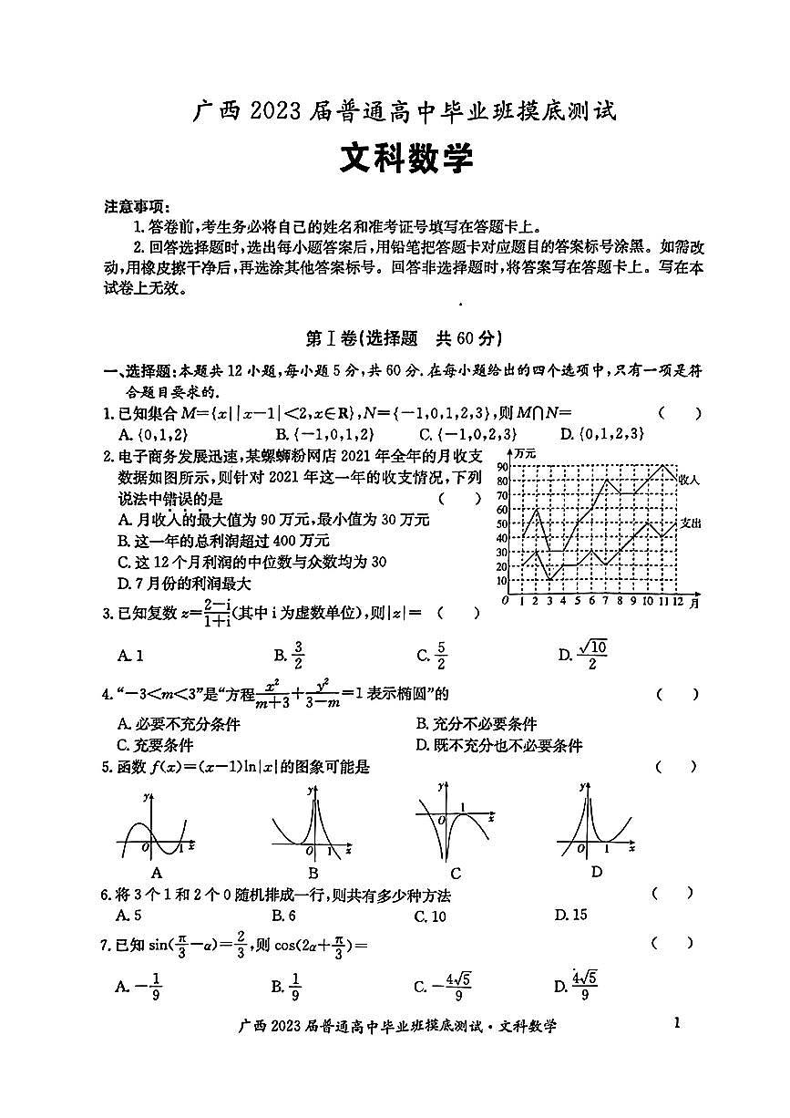 2023廣西高三上學(xué)期畢業(yè)班摸底測(cè)試（一模）數(shù)學(xué)（文）試題掃描版含解析第1頁(yè)
