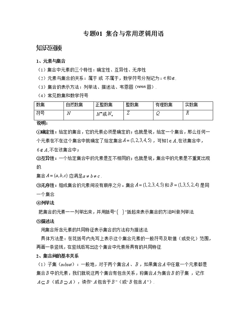 【高考大一轮单元复习】高考数学单元复习讲义与检测-专题01《集合与常用逻辑用语》讲义(新高考专用)(解析版)第1页