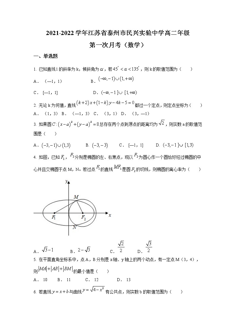 江苏省泰州市民兴实验中学2021-2022学年高二数学上学期第一次月考试题(Word版附解析)第1页