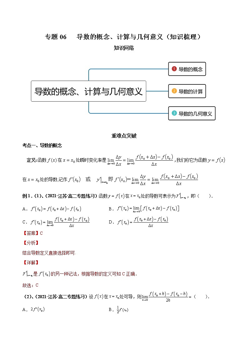 【期末总复习】人教A版(2019)高二数学选择性必修第二册——专题06 导数的概念、计算与几何意义(知识梳理)01
