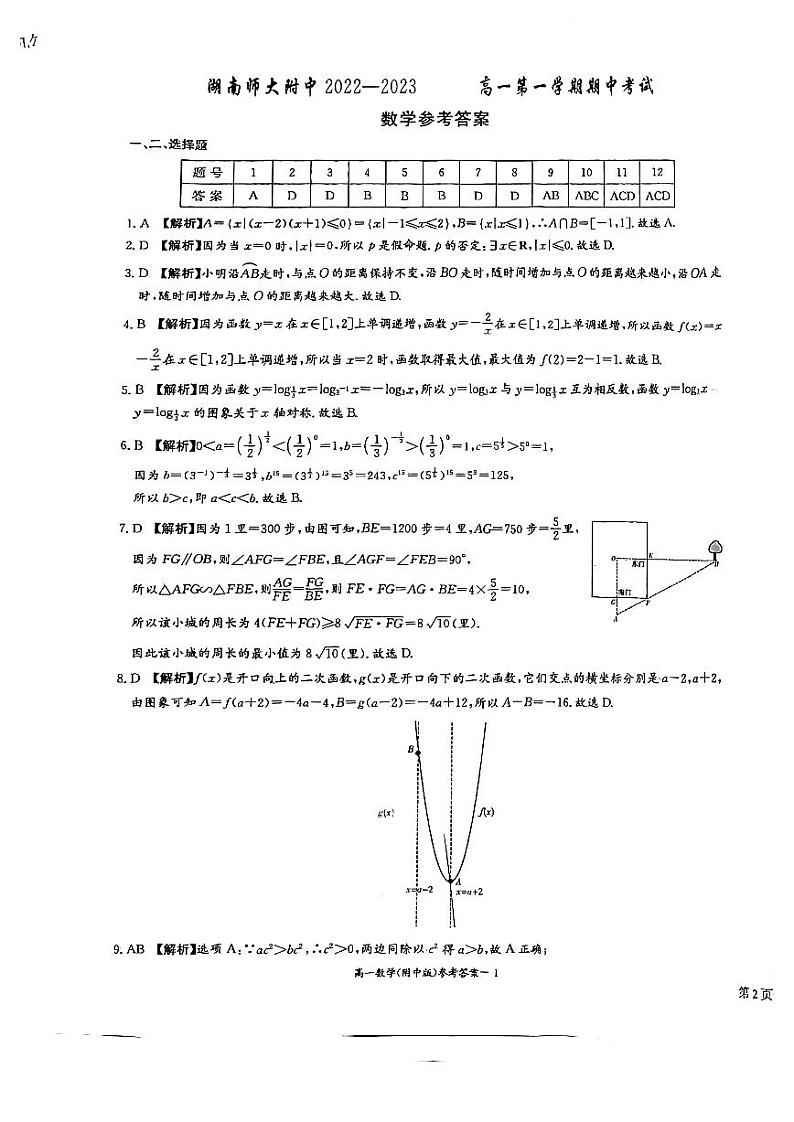 2022年湖南师大附中高一11月期中考试数学参考答案第1页
