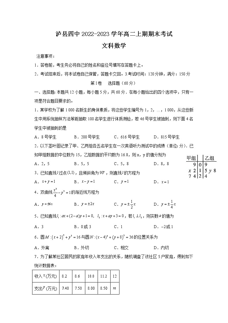 2022-2023学年四川省泸县第四中学高二上学期期末考试数学(文)试题 第1页