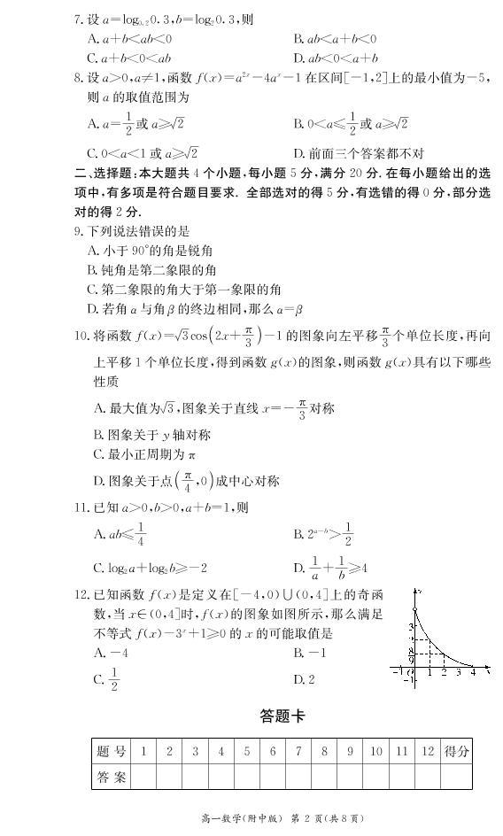 湖南师范大学附属中学2021-2022学年高一上学期期末考试数学试题02