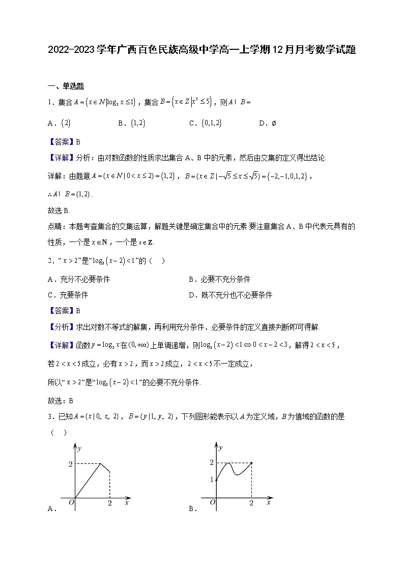 2022-2023学年广西百色民族高级中学高一上学期12月月考数学试题(解析版)第1页