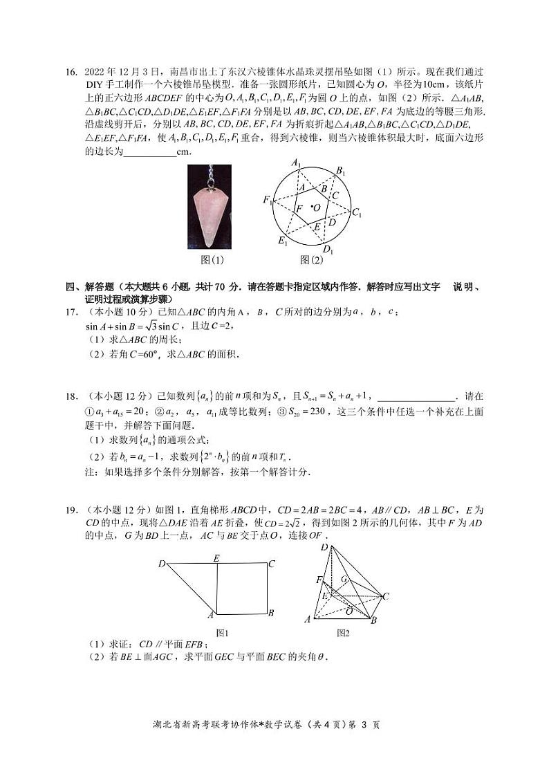 湖北省高三新高考联考协作体2023年1月期末联考高三数学试卷含答案第3页