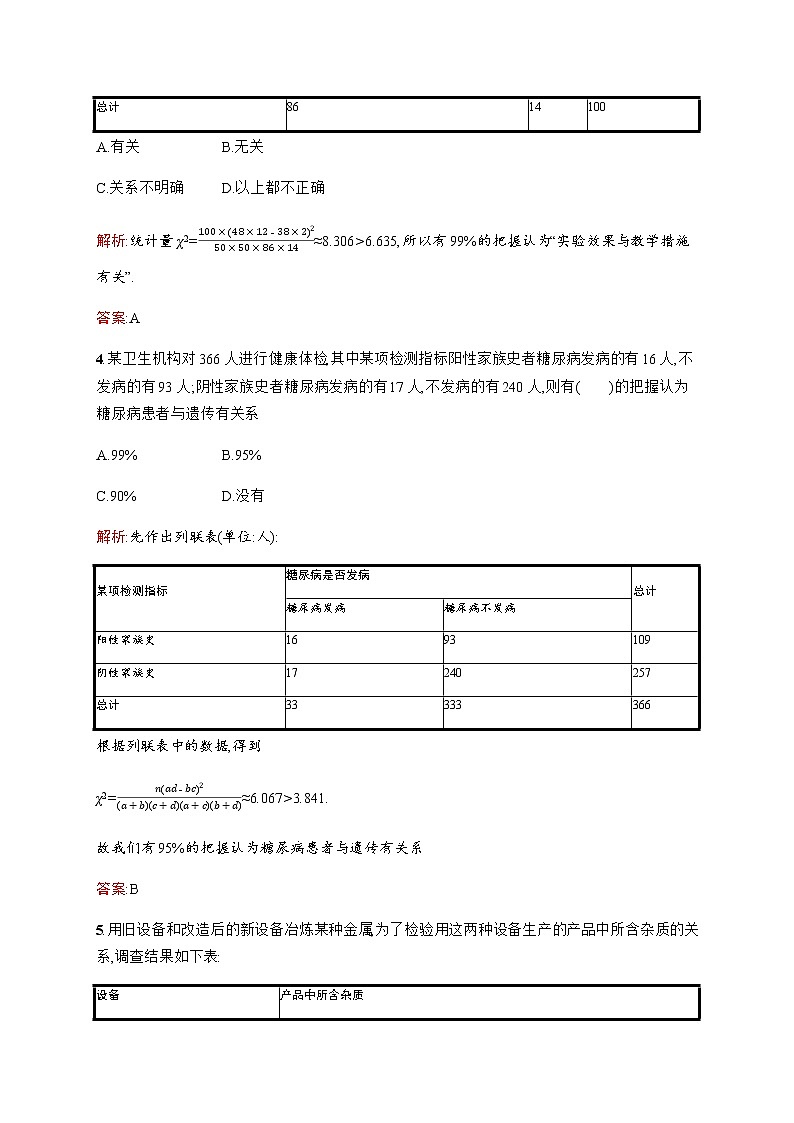 北师大版(2019)高中数学选择性必修第一册7-3独立性检验问题作业含答案02