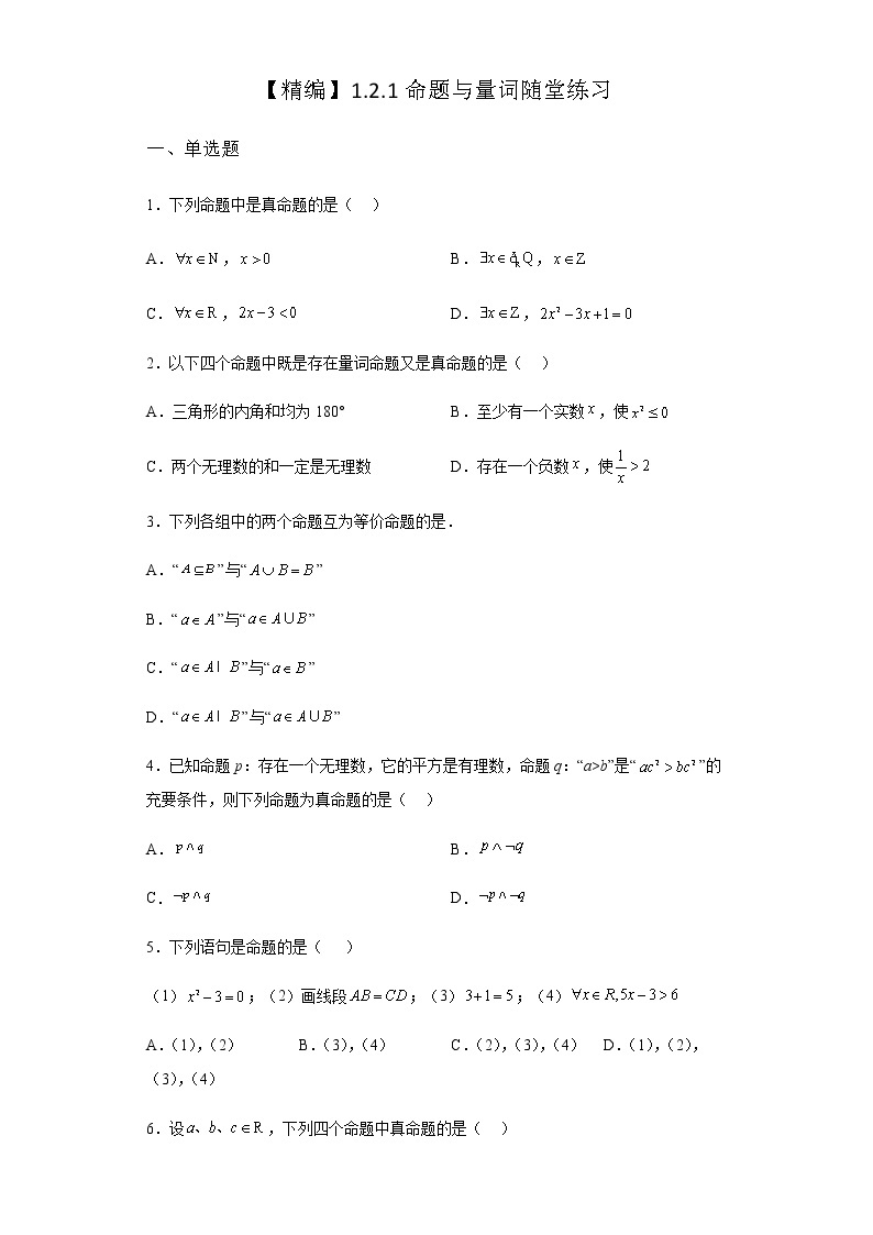 人教B版高中数学必修第一册1-2-1命题与量词随堂作业含答案101