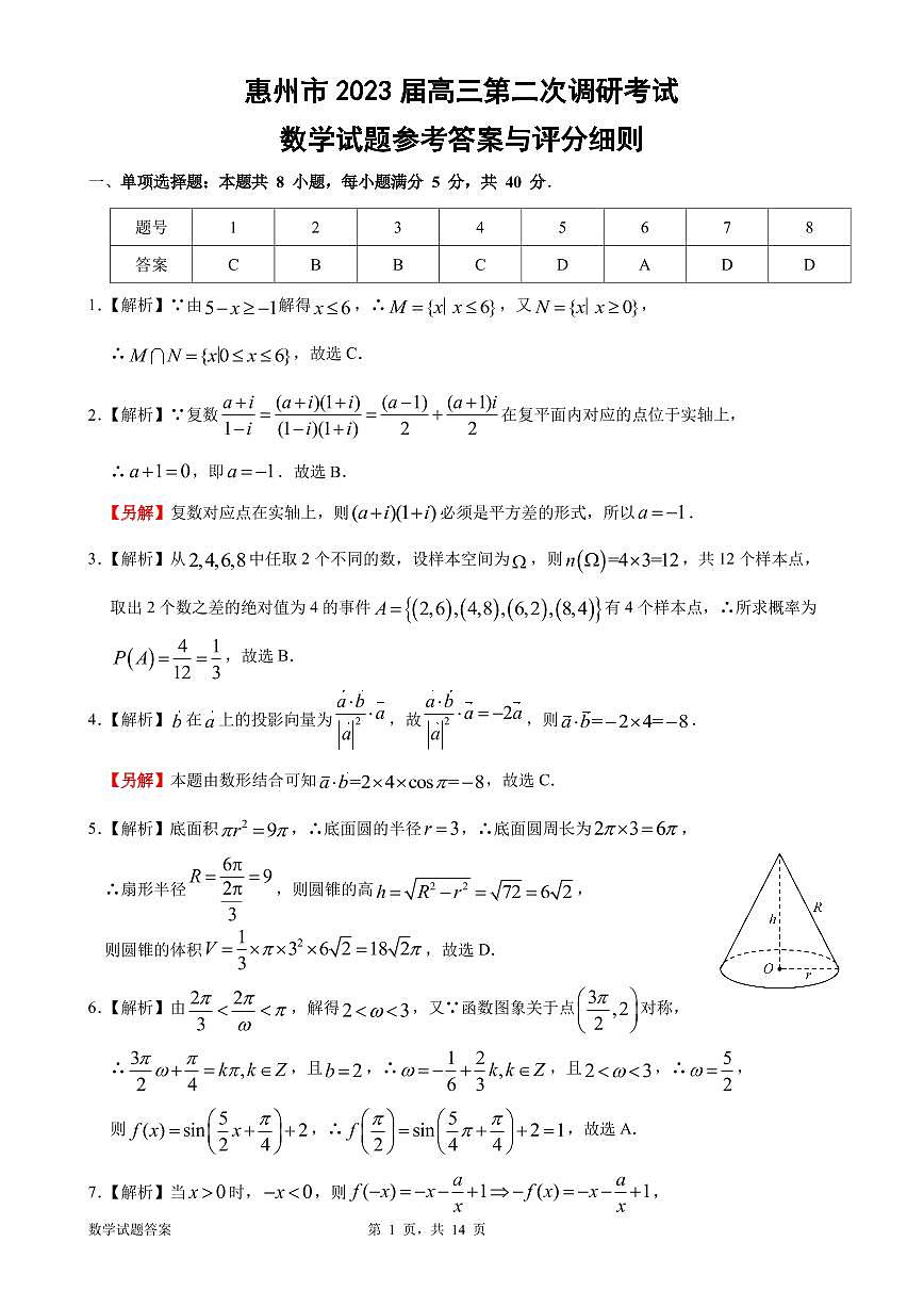 惠州市2023屆高三第二次調(diào)研考試數(shù)學(xué)試題參考答案與評分細則第1頁