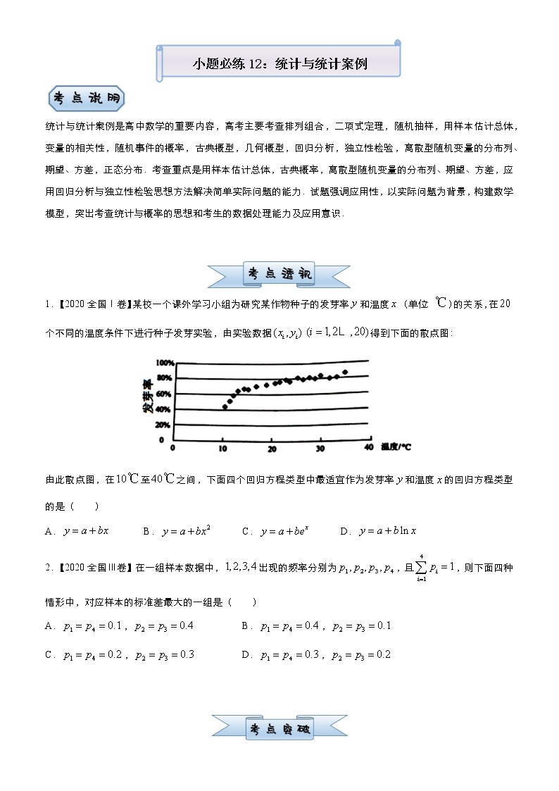 高中数学高考 2021届小题必练12 统计与统计案例（理）-学生版(1)01