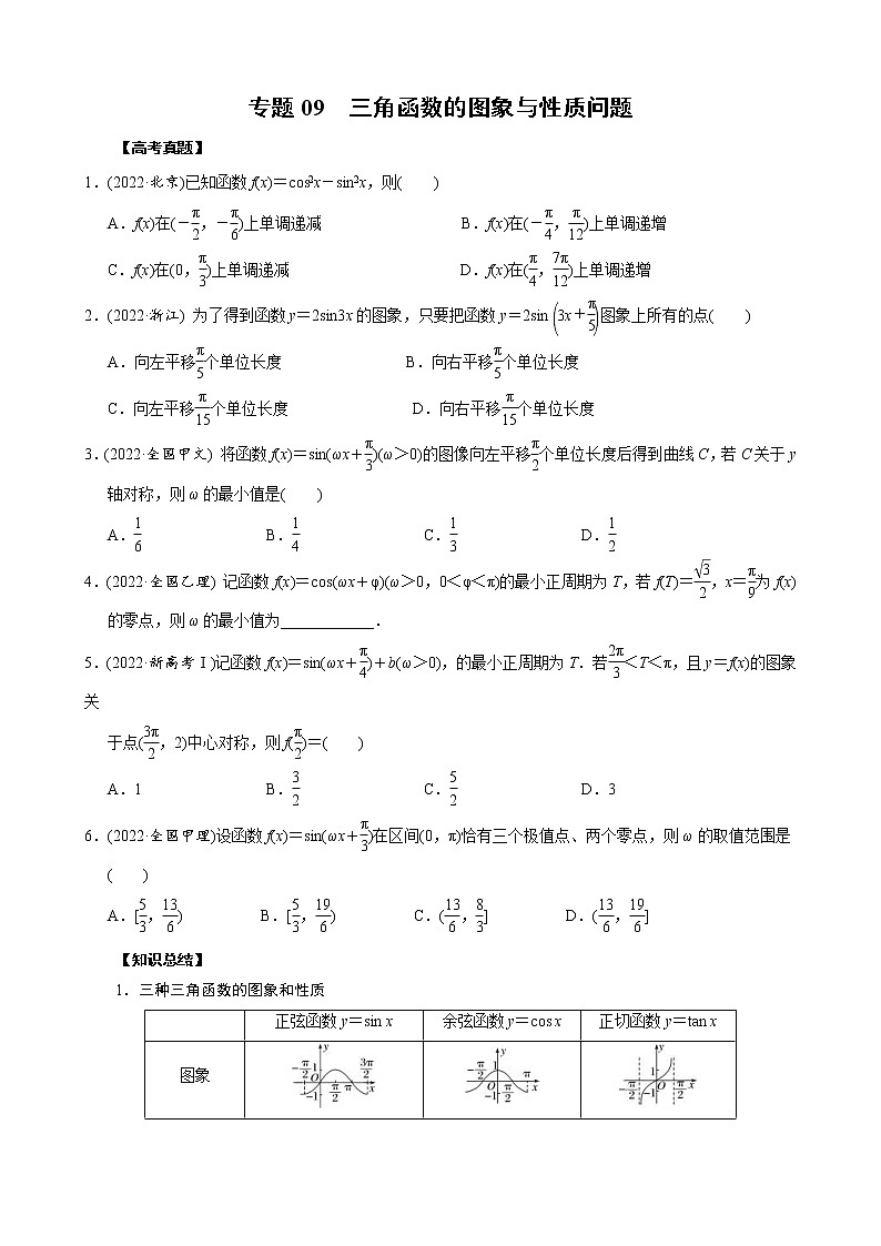 高考数学二轮复习专题09 三角函数的图象与性质问题(原卷版) 第1页