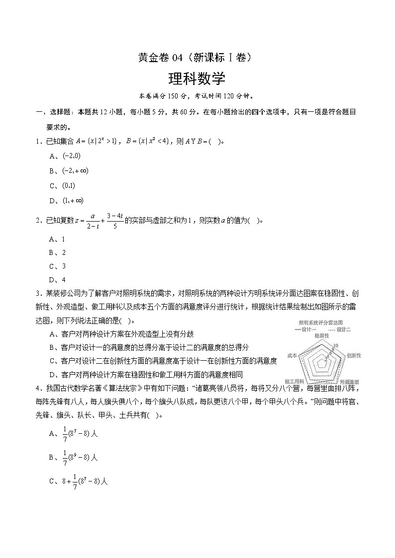 高中数学高考黄金卷04(理)(新课标Ⅰ卷)(原卷版)01
