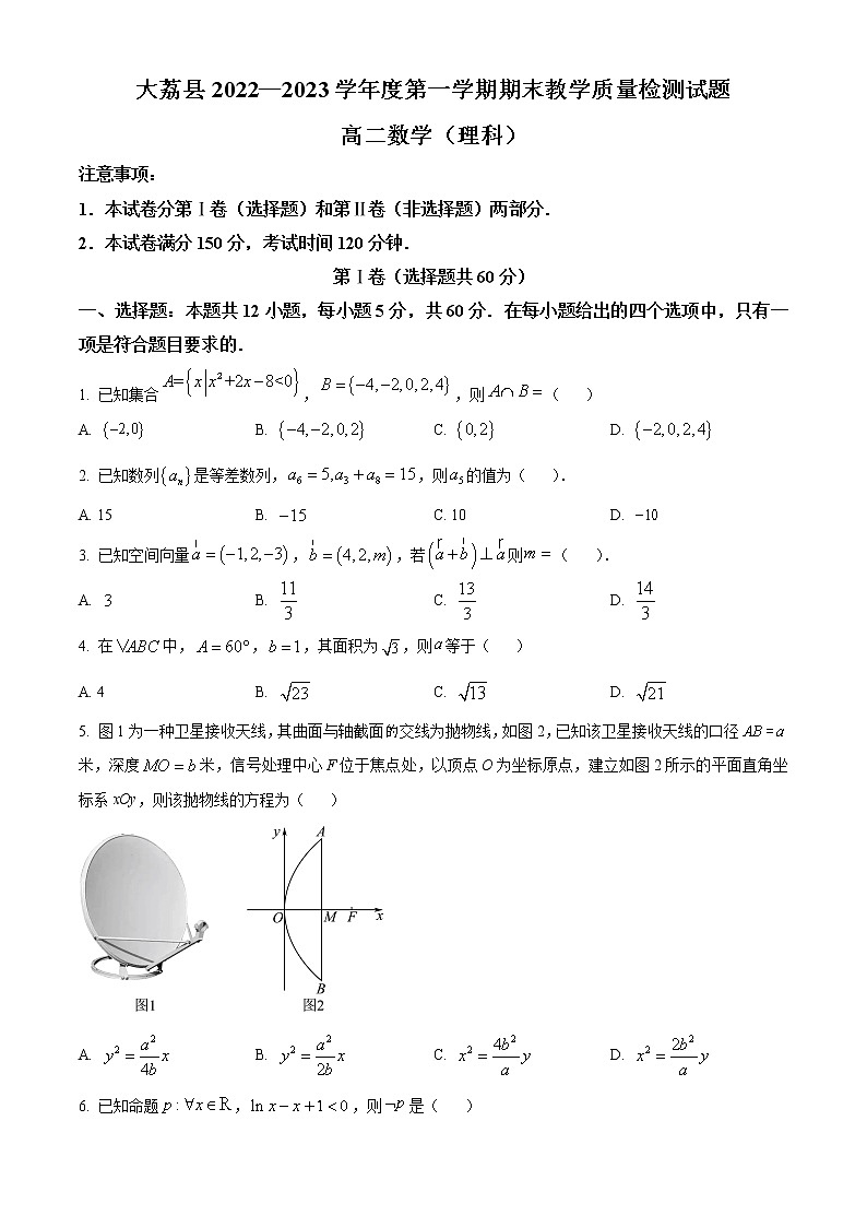 陕西省渭南市大荔县2022-2023学年高二上学期期末理科数学试题无答案第1页