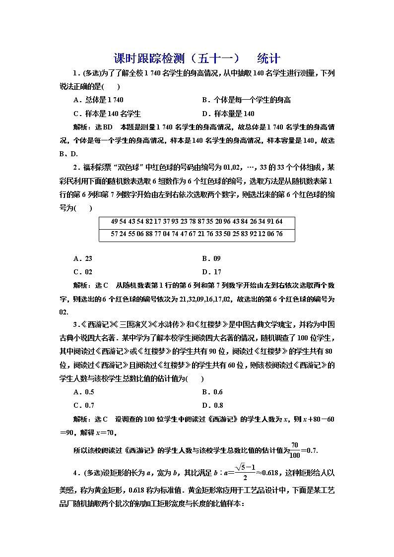 高中数学高考课时跟踪检测(五十一) 统计 作业01