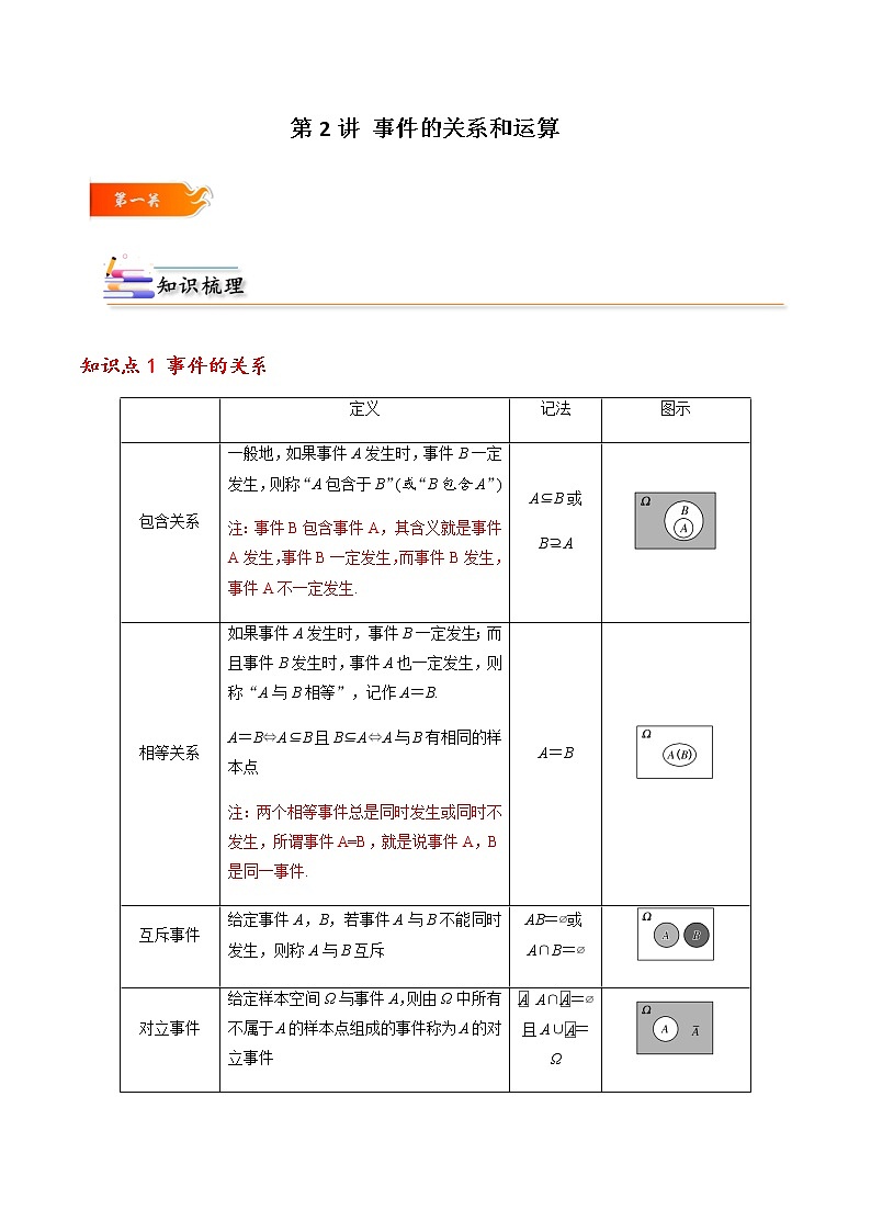 第02讲 事件的关系和运算 -高一数学下学期考点精讲+精练(人教A版2019必修第二册)(原卷版)第1页