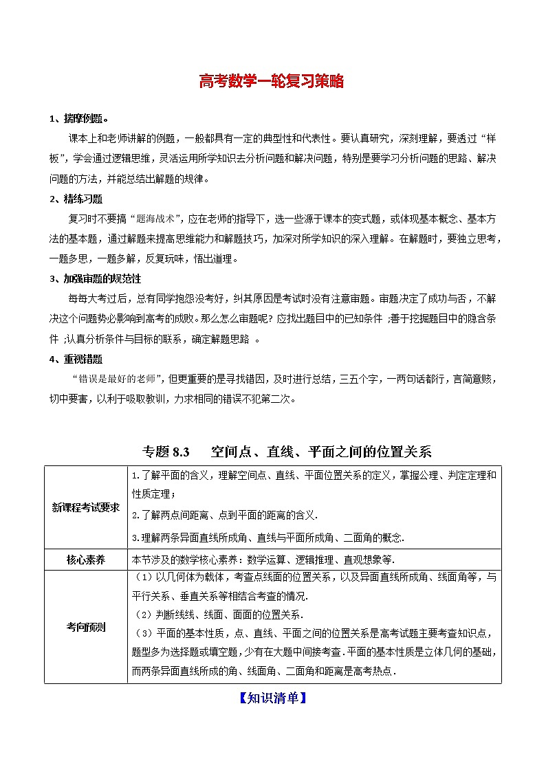 高考数学一轮复习 专题8.3 空间点、直线、平面之间的位置关系(讲)01