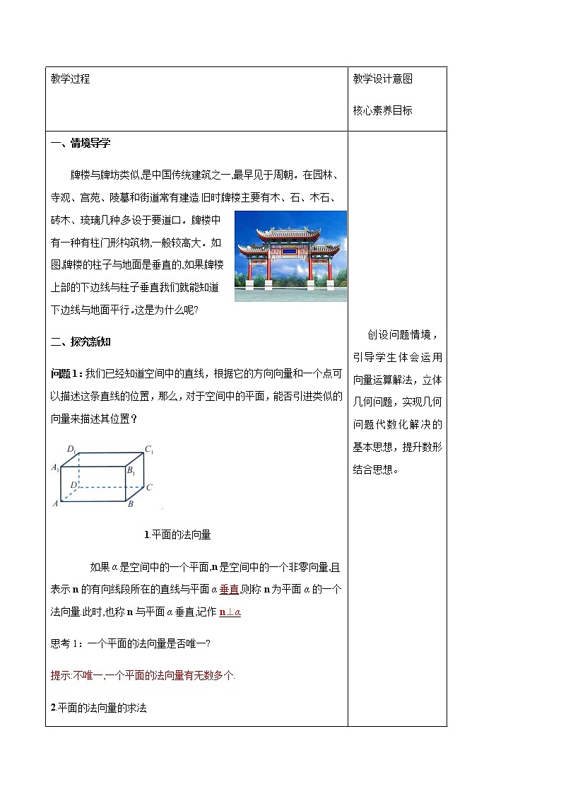 人教B版高中數(shù)學(xué)選擇性必修第一冊(cè)1.2.2 《空間中的平面與空間向量》 教學(xué)設(shè)計(jì)第2頁(yè)