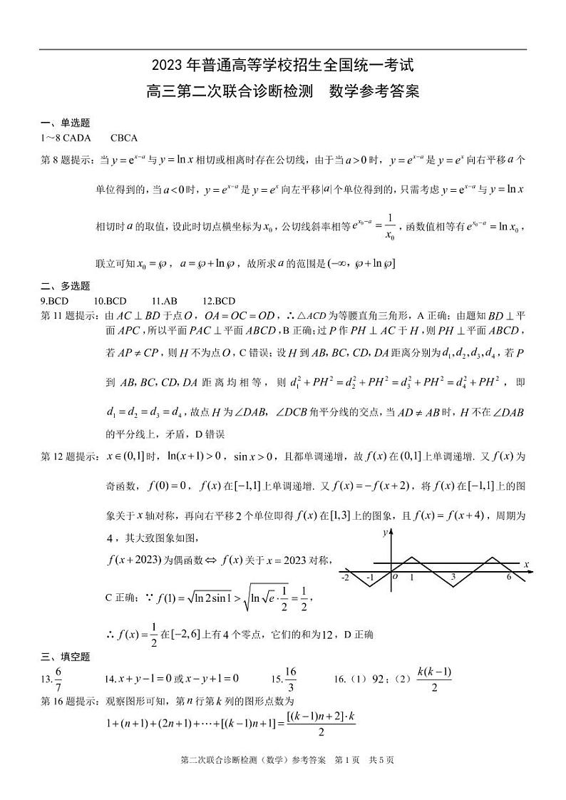 重庆康德2023年普通高等学校招生全国统一考试高三第二次联合诊断检测数学参考答案第1页